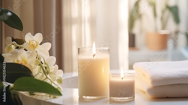 Obraz Aromatherapy candle on counter in modern bathroom, morning routine, Healthy and wellness concept.