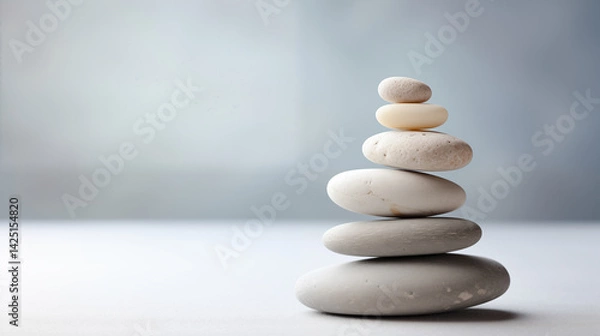 Obraz Stack of white pebbles on a neutral light grey background, Relax and balance.