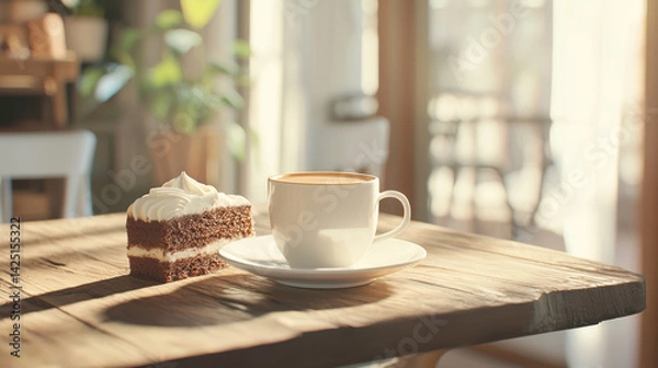 Obraz cozy cafe scene featuring coffee cup and slice of chocolate cake on wooden table, creating warm and inviting atmosphere