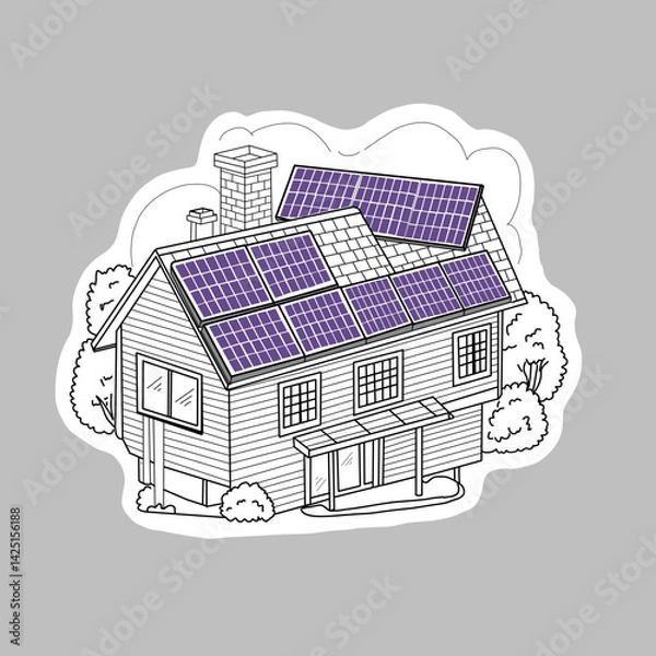 Obraz House with Solar Panels and tree Illustration 
