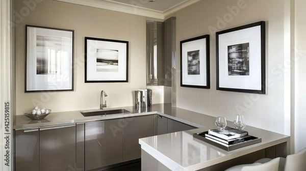 Obraz Modern gray-toned kitchen bar area with framed art.