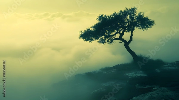 Fototapeta Lonely Tree on a Cliffside: A solitary tree stands majestically on the edge of a rugged cliff, its branches reaching towards a misty, ethereal sky. The scene evokes a sense of serenity, solitude.