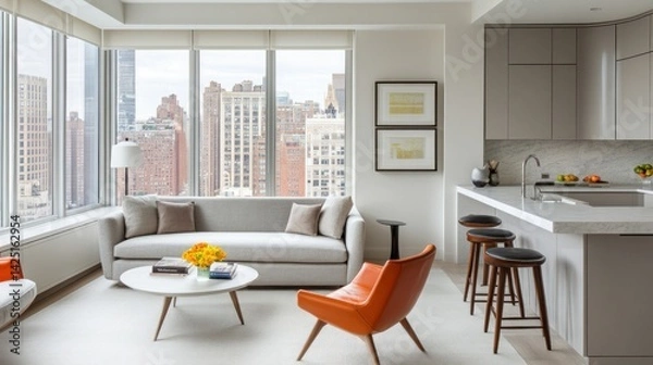 Obraz Modern city apartment living room with panoramic views.