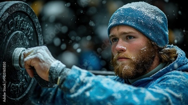 Obraz Focused athlete lifting weights in the snow