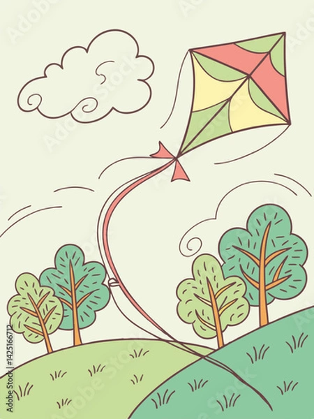 Fototapeta Cartoon Kite Flying in a Sunny Sky with Trees and a Cloud, Hand-Drawn Style, Colorful Illustration of a Summer Day