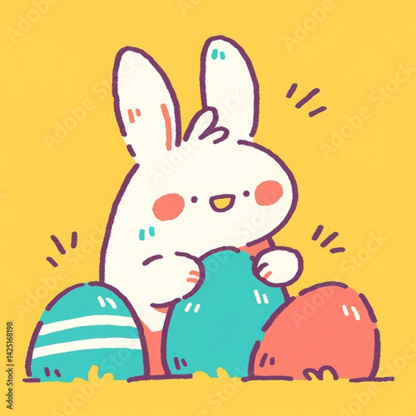 Fototapeta Cute cartoon rabbit with colorful eggs bright yellow background, expressing joy and playfulness