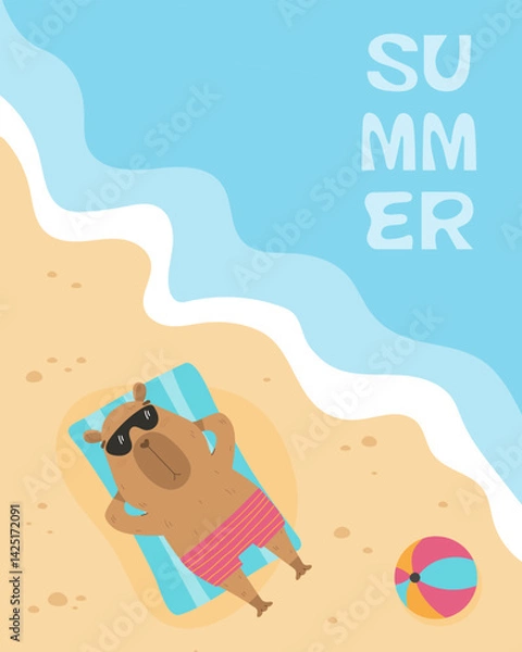 Obraz Summer poster with funny sunbathing capybara
