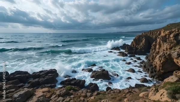 Fototapeta Ocean Waves Crashing on Rocky Shoreline Under Cloudy Sky