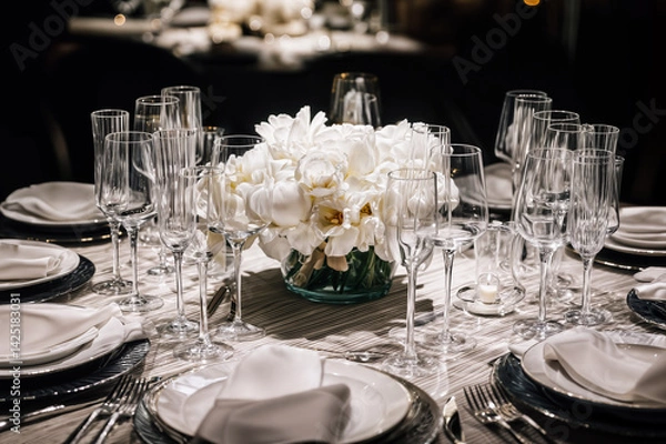 Obraz The image shows a elegantly set dining table with white flowers as the centerpiece, surrounded by crystal glasses, white plates, and neatly folded napkins