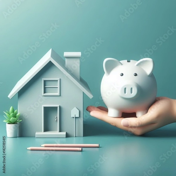 Fototapeta Saving for your dream home visualized with a piggy bank
