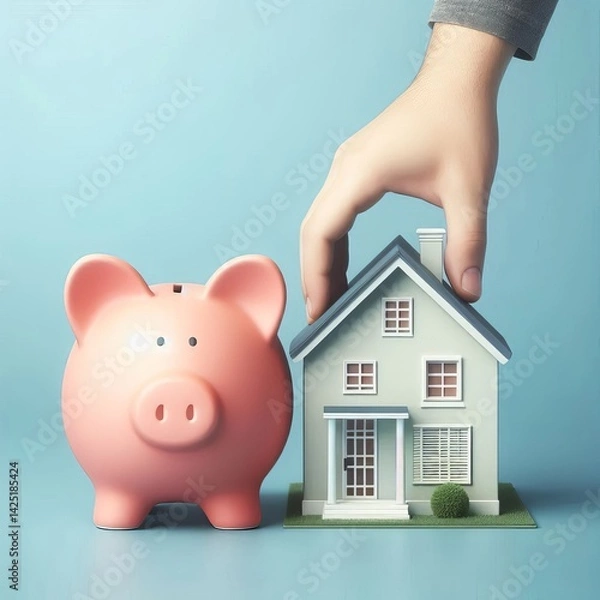 Fototapeta Financial security concept with a piggy bank and house