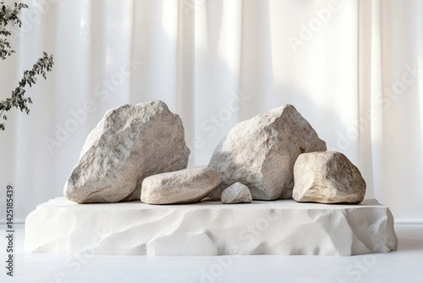 Fototapeta Stones sit on a white platform, with a sheer curtain backdrop. Perfect for showcasing products, cosmetics, or minimalist designs.