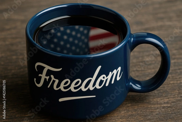 Fototapeta Patriotic blue freedom mug with american flag reflection in coffee