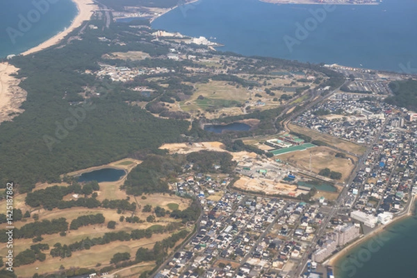 Fototapeta Aerial View of Coastal Landscape With Beaches, Greenery
