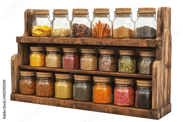 Fototapeta A rustic wooden spice rack overflowing with colorful spices and herbs a vibrant culinary on transparent background