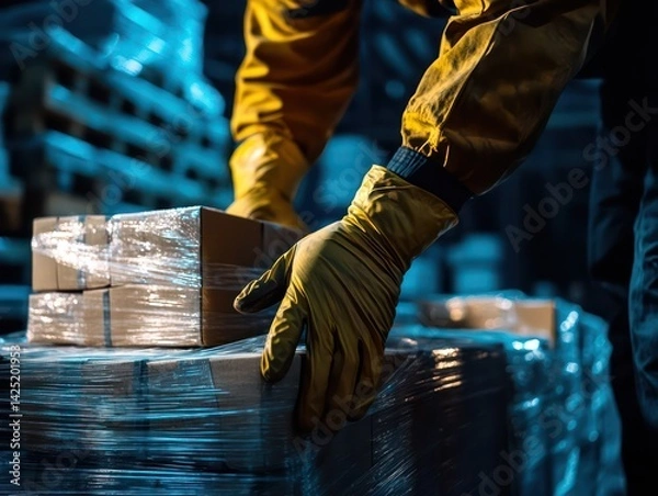 Fototapeta Worker handling boxes manufacturing process