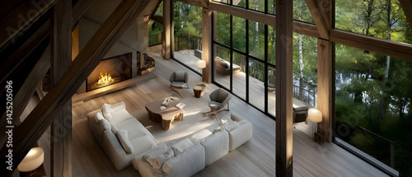 Fototapeta Modern Rustic Living Room with Large Windows