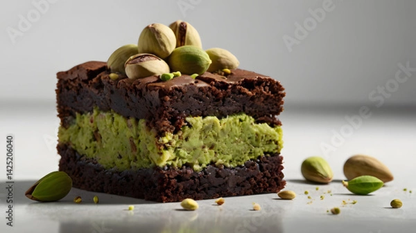 Fototapeta A slice of pistachio brownie on a clean white background.