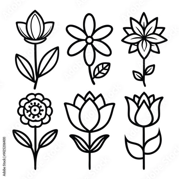 Fototapeta Simple Black Line Art Flower Icon Set – Minimal Vector Floral Collection

