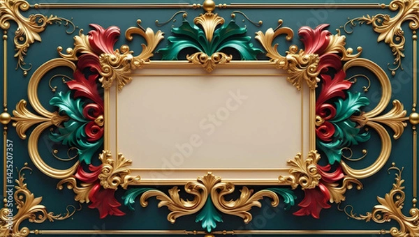 Obraz An ultra-high resolution (8K) ornate rectangular frame in a luxurious baroque and rococo style. The central element is a blank, cream-colored rectangular space with a fine golden border, ready for tex