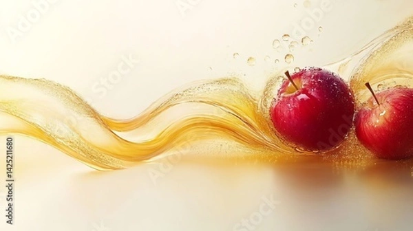 Fototapeta Two Red Apples Splashing in Golden Apple Juice Wave Fresh Fruit and Refreshing Drink Concept