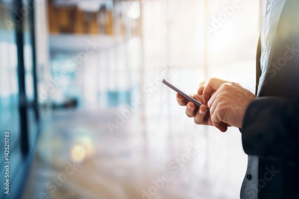 Obraz The image shows a close-up of a person's hands holding a smartphone, likely in a professional setting, as indicated by the blurred background with office-like elements