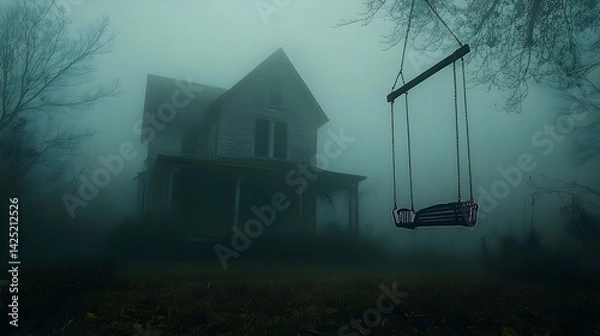 Fototapeta Mysterious Foggy House with Swing Set Eerie Abandoned Home in a Spooky Atmosphere