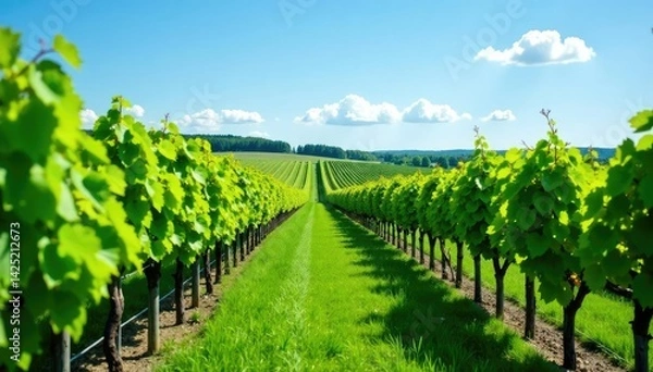 Fototapeta Green vines and lush grass in a vineyard under blue skies, farm, landscape
