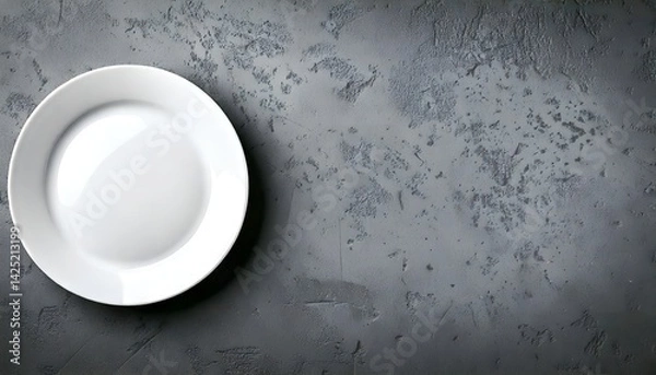 Obraz White plate on left side of gray concrete background using ¾ Camera Angle Perspective