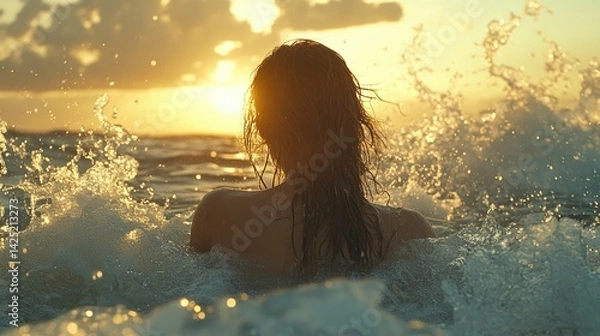 Obraz Woman enjoying sunset at the ocean