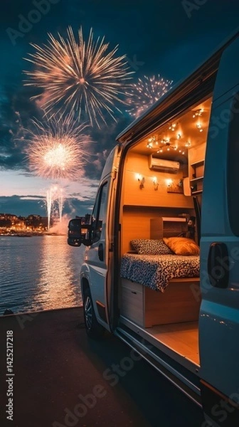 Fototapeta Campervan Vacation Fireworks over Calm Waters Enjoying Nighttime Seaside Views from Cozy Van Conversion