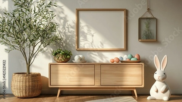 Fototapeta Cozy Easter living room with mock-up frame, wooden sideboard, bunny sculpture, and colorful egg