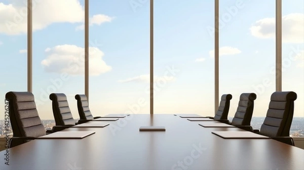 Obraz Modern conference room with large overlooking blue sky and clouds, sleek black leather chairs, minimalistic design for meetings and presentations