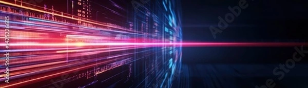 Fototapeta Futuristic digital technology background with neon lines and glowing grid in dark tunnel with speed motion effects, high tech abstract concept for innovation