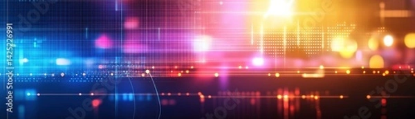 Obraz Vibrant abstract cityscape at night with colorful light trails and neon glow representing technology connectivity and digital communication scene