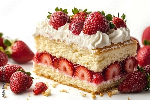 Fototapeta Delicious Slice of Strawberry Shortcake Topped with Cream on a White Background