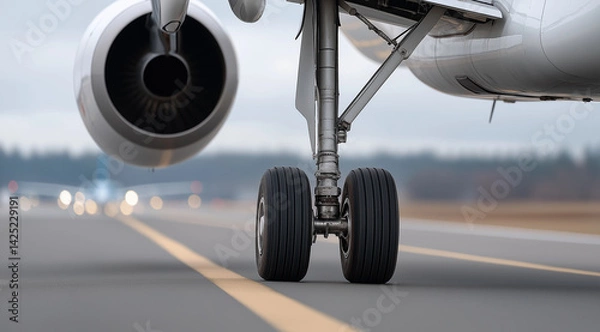 Obraz A close-up of the landing gear and wheels on an airplane, emphasizing their role in lifting off from the runway at an airport with a blurred background. 
