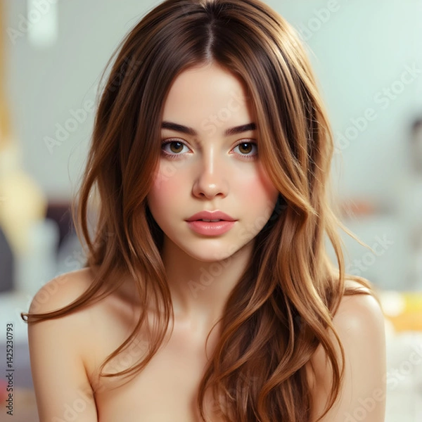 Fototapeta Attractive woman with flowing brown hair modeling elegant beauty portrait, showcasing luminous complexion and natural radiance against soft background