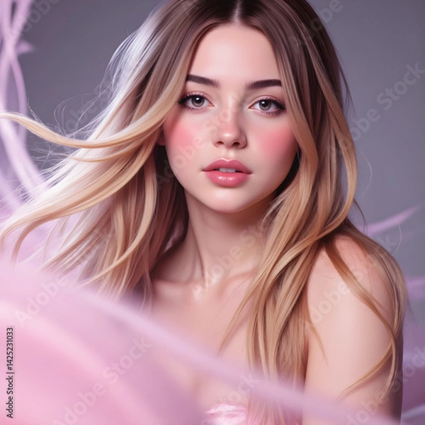Fototapeta Blonde model wearing soft pink makeup, draping flowing fabric around elegant pose during artistic studio photoshoot with luxurious wavy hair