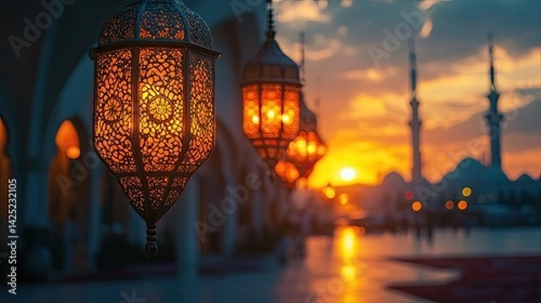 Fototapeta At sunset, a mosque's facade is decorated with lanterns that evoke a sense of peace and culture.