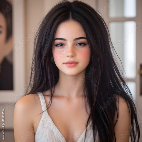 Fototapeta Attractive brunette with rosy complexion standing in soft lit interior, wearing light colored top and expressing confident, peaceful demeanor with natural elegance