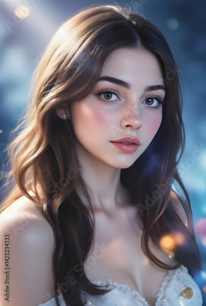 Fototapeta Professional headshot featuring elegant woman with flowing brown locks, white gown, standing against blurred blue backdrop. Soft illumination enhancing graceful, sophisticated mood