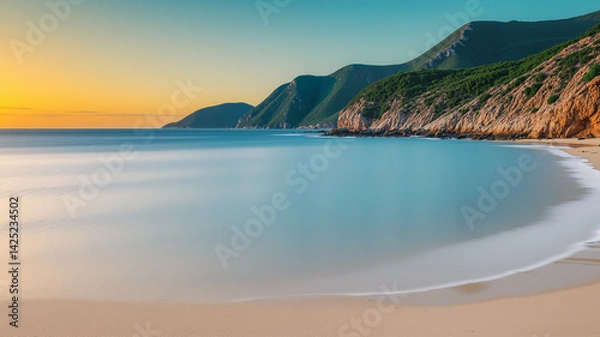 Fototapeta Clear beach in the evening with waves crashing against the sky and mountains in the background.  AI generated.
