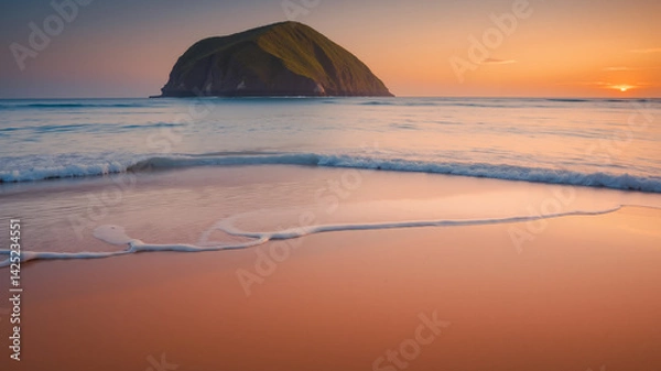 Fototapeta Clear beach in the evening with waves crashing against the sky and mountains in the background.  AI generated.