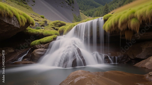 Fototapeta Beautiful waterfall in the middle of the forest. Clear water with moss and trees around.  AI generated.
