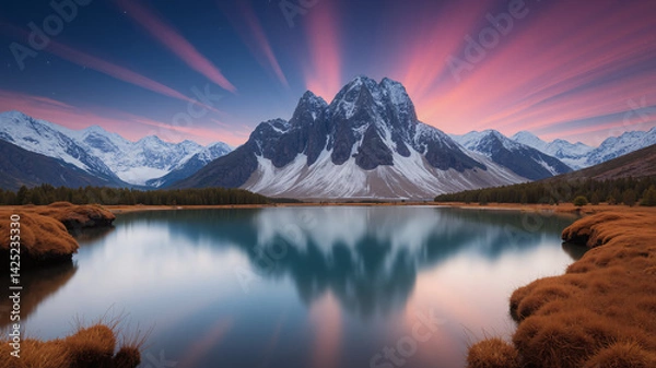 Fototapeta The lake at a magical moment, with the reflection of the mountains.  AI generated.