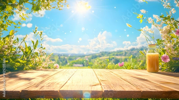 Fototapeta A natural spring garden background of fresh green grass with a bright blue sunny sky with a wooden table to place cut out products on