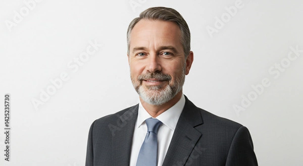 Obraz Professional portrait of a senior businessman with gray hair and beard, dark suit and light blue tie, minimal white backdrop, modern business style and genuine smile.