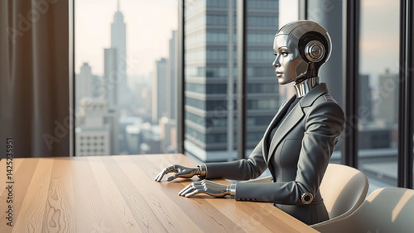 Fototapeta Businessman becomes a machine or robot, in a suit, on a desk.  AI generated.
