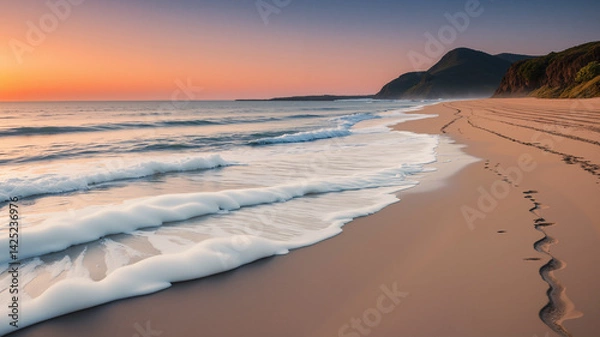 Fototapeta Clear beach in the evening with waves crashing against the sky and mountains in the background.  AI generated.